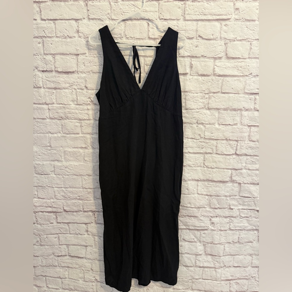 Old Navy Black Linen Blend V-Neck Maxi Dress Adjustable Tie-Back Womens XL